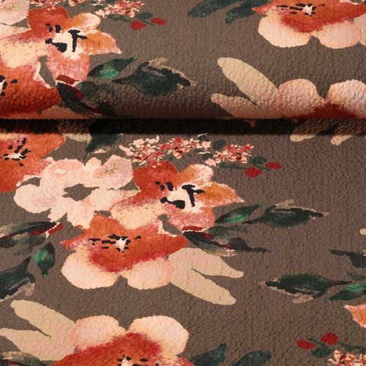 Viscose - Elastique Crépon Fleurs Vert militaire