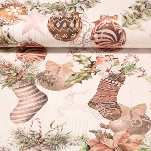 Canevas coton Premium - Impression numérique Déco de Noel Ecru Brun