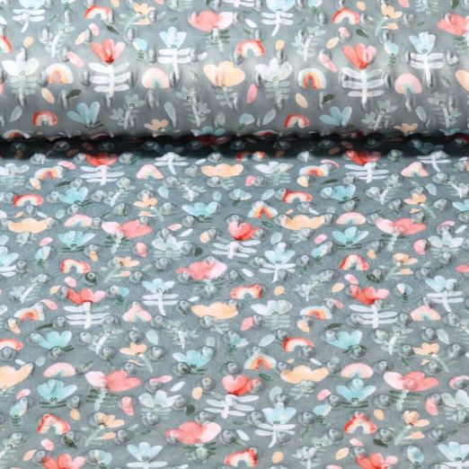 Fleece Minky - Impression numérique Fleurs et arcs-en-ciel Vieux vert