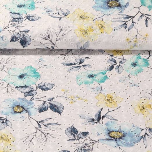 Coton brodé - Broderie ajourée Fleurs et feuilles Ecru Bleu