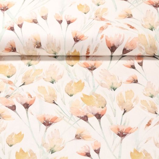 Baumwoll Canvas - Digitaldruck Gemalte Blüten Leinenlook Ecru