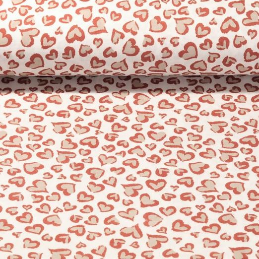 Mousseline de coton bio - Motif léopard coeurs Ecru Rouille Structure lisse