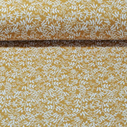 Mousseline de coton - Branches feuilles Curry