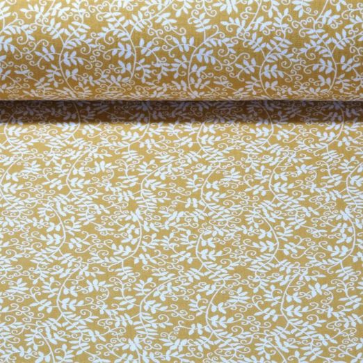 Mousseline de coton - Branches feuilles Jaune moutarde