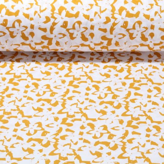 Popeline de coton - Fleurs Blanc Jaune