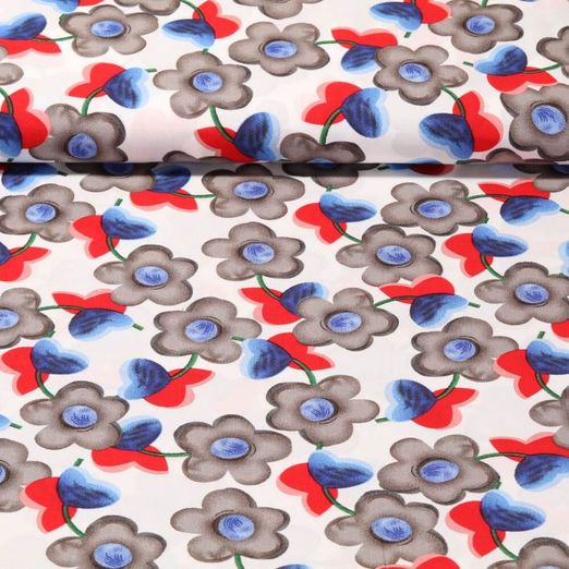 Popeline de viscose - Fleurs Blanc Gris