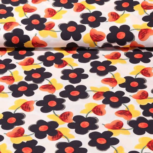 Popeline de viscose - Fleurs Blanc Bleu marine foncé