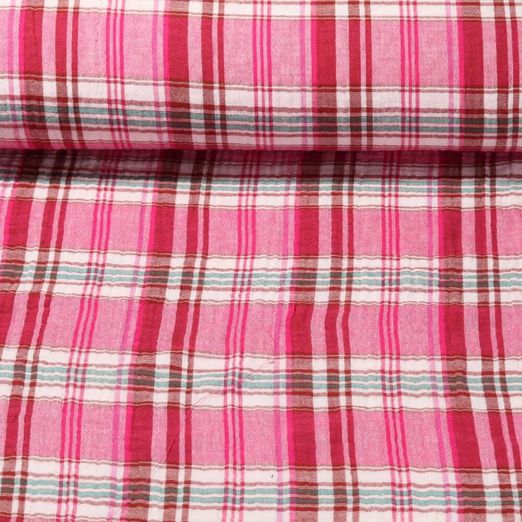 Mousseline de coton - Double face Carreaux Rose