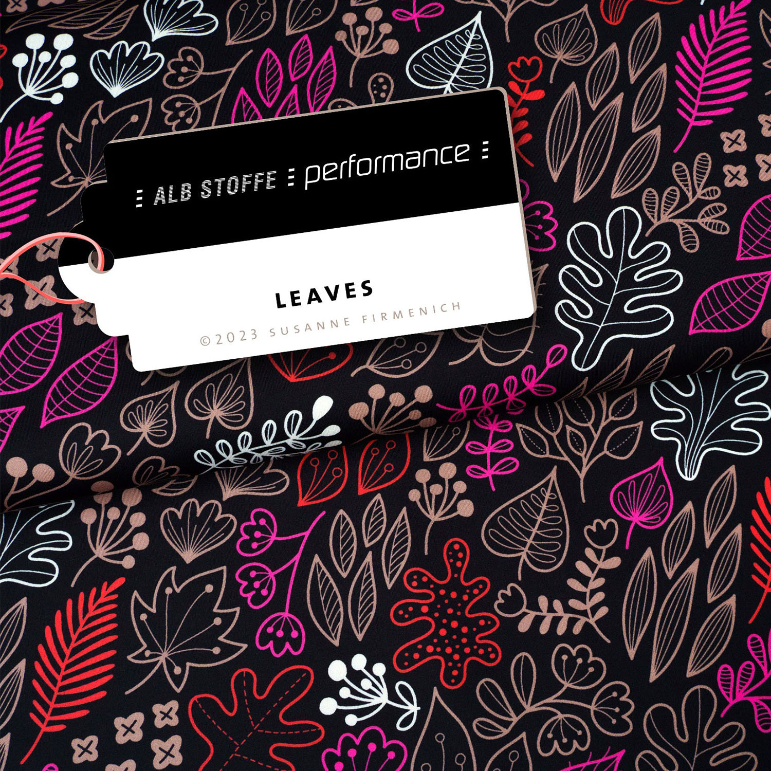 Tissu Albstoffe - Collection Performance - Leaves Noir Rose vif-0 Tissu Albstoffe - Collection Performance - Leaves Noir Rose vif-0
