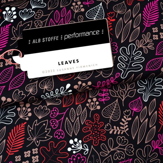 Tissu Albstoffe - Collection Performance - Leaves Noir Rose vif Tissu Albstoffe - Collection Performance - Leaves Noir Rose vif