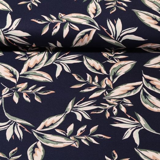 Toile de coton - Feuilles Bleu marine foncé