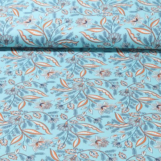 Popeline de coton - Fleurs Aqua