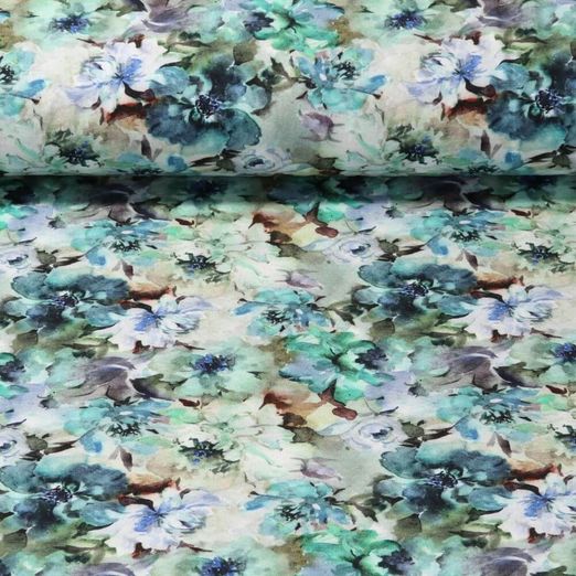 Jersey - Impression digitale Ciel de fleurs aquarelle Vert menthe Bleu