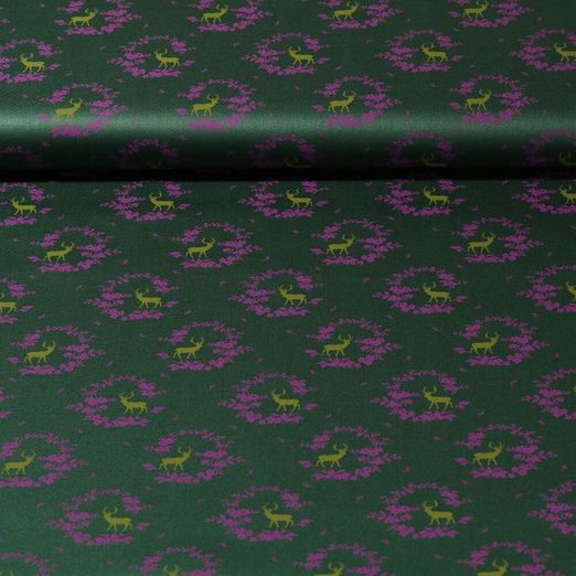 Tissu traditionnel en coton Romantico - Fleurs Cerfs Vert sapin