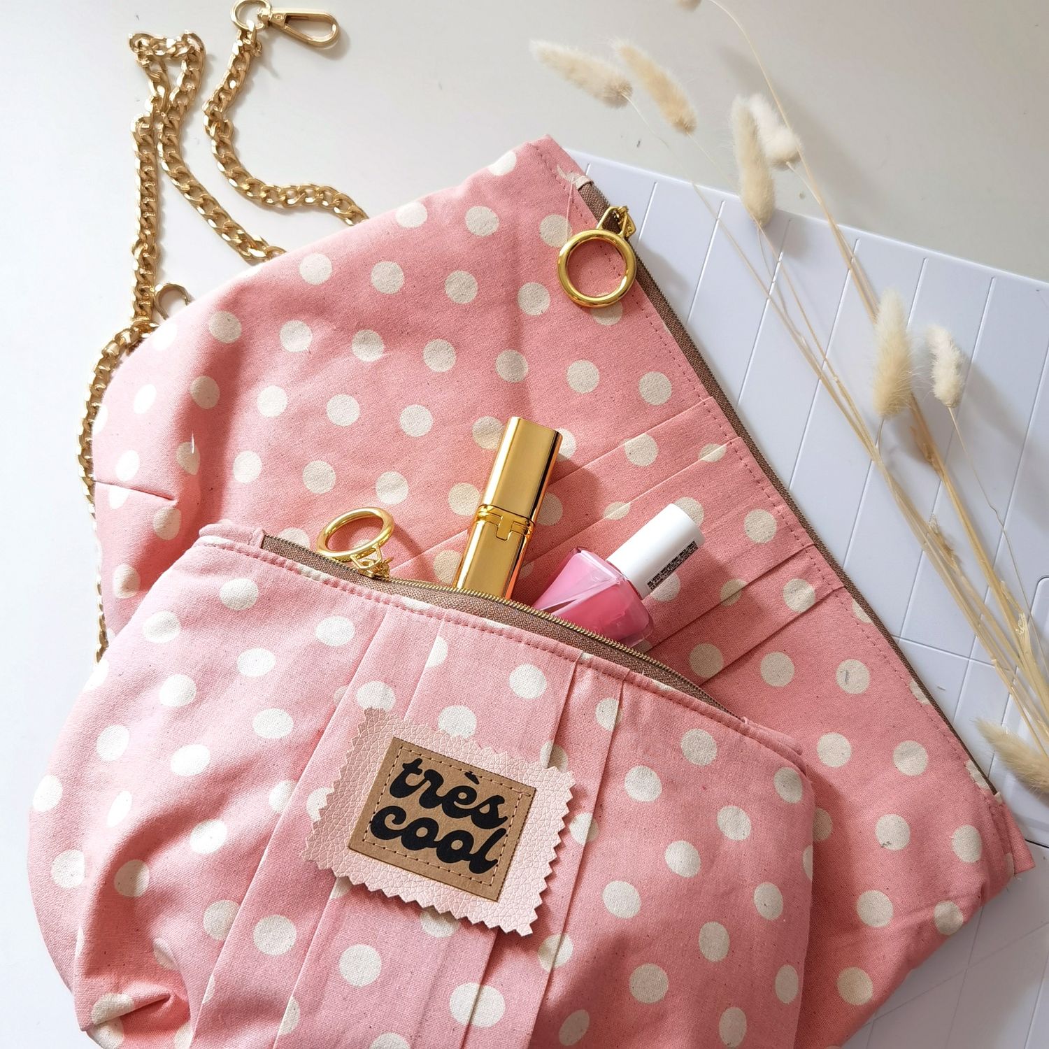 Cretonne de coton - Gros pois Rose Beige Effet délavé -1 Cretonne de coton - Gros pois Rose Beige Effet délavé -1