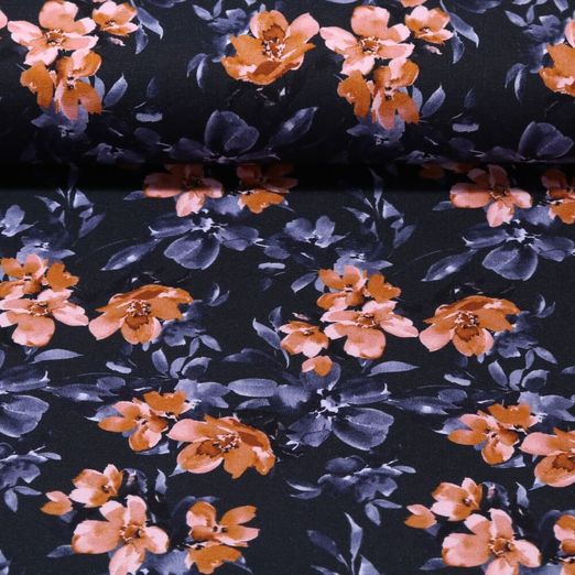 Sommersweat - French Terry Digitaldruck Aquarellblumen Navy Schlingenstruktur