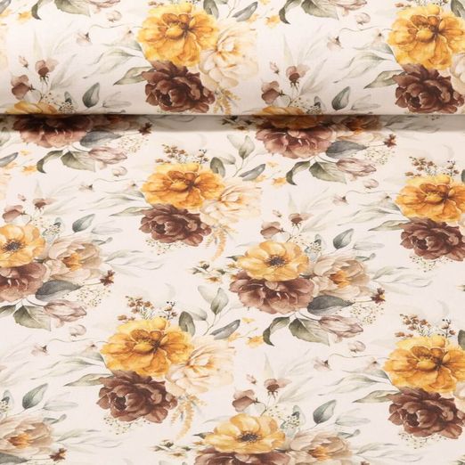 Baumwoll Canvas - Digitaldruck Blumenbouquet Leinenlook Ecru