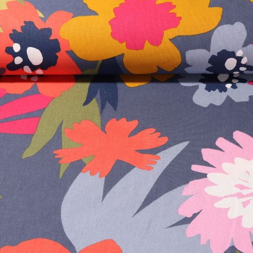 Baumwolle Webware - Große Blüten Blau Multicolor