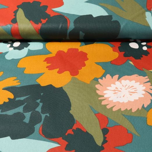 Beschichtete Baumwolle - Große Blüten Grün Multicolor