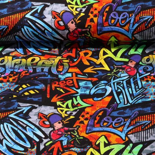 Sommersweat - French Terry Digitaldruck Graffiti Schwarz Schlingenstruktur