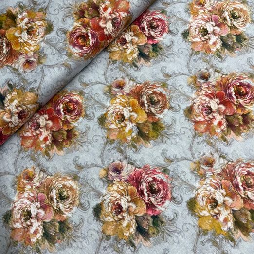 Trachten Baumwolle Serie Damascena Großer Blumenstrauß auf Hellgrau Trachten Baumwolle Serie Damascena Großer Blumenstrauß auf Hellgrau
