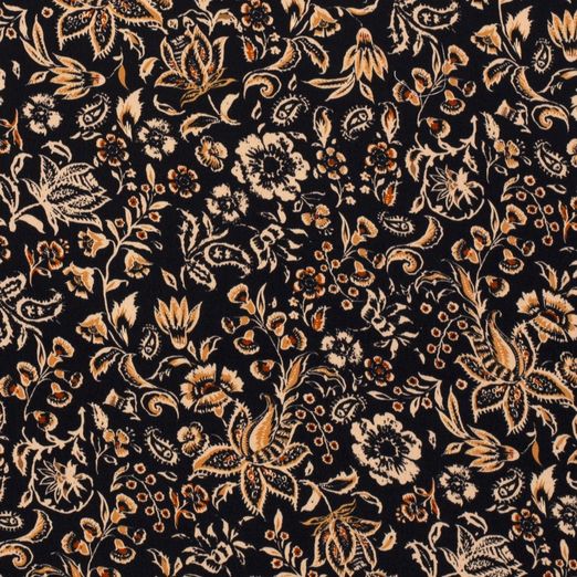 Bekleidungsstoff Viskose - Satinstoff Blumenranken Beige auf Schwarz Digital Bekleidungsstoff Viskose - Satinstoff Blumenranken Beige auf Schwarz Digital