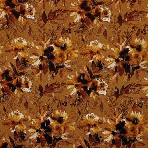Bekleidungsstoff Viskose GLITZER Blüten auf Hellbraun Digital Bekleidungsstoff Viskose GLITZER Blüten auf Hellbraun Digital