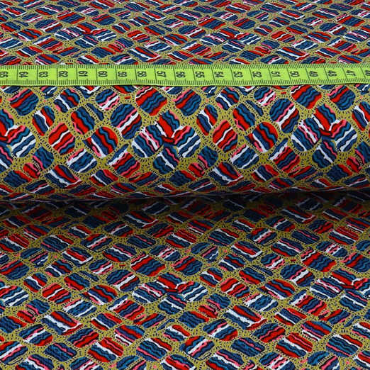 Viskose Jersey Retro Lines Muster Senfgelb mit Rot/Petrol