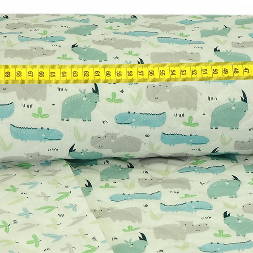 Kindersteppstoff Double Face Flusstiere & Blätter Mint/Hellblau/Grau