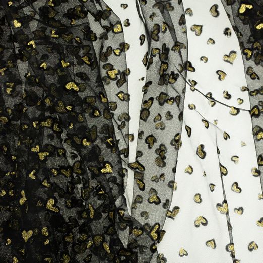 Soft Tüll Flockdruck Herz mit Goldglitzer Schwarz Soft Tüll Flockdruck Herz mit Goldglitzer Schwarz