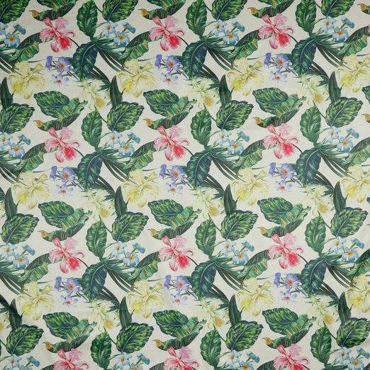 Regenjackenstoff Exotische Blumen und Blätter auf Hellbeige Digital