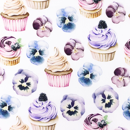 Baumwolle Cupcakes und Veilchen auf Weiß Digital Baumwolle Cupcakes und Veilchen auf Weiß Digital
