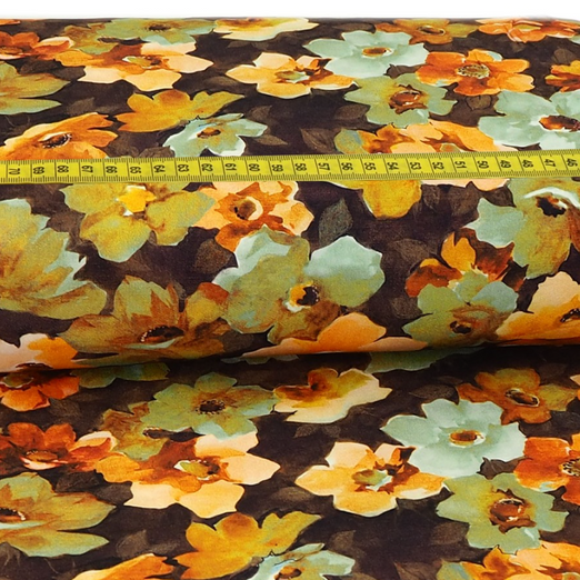 Bekleidungsstoff Viskose Bunte Aquarell Blumen auf Dunkelbraun Digital Bekleidungsstoff Viskose Bunte Aquarell Blumen auf Dunkelbraun Digital