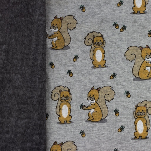 Alpenfleece Eichhörnchen und Eicheln auf Grau Meliert Alpenfleece Eichhörnchen und Eicheln auf Grau Meliert