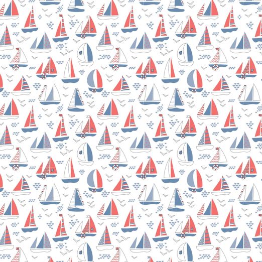 Jersey Segelboote Blau/Koralle auf Weiß Jersey Segelboote Blau/Koralle auf Weiß