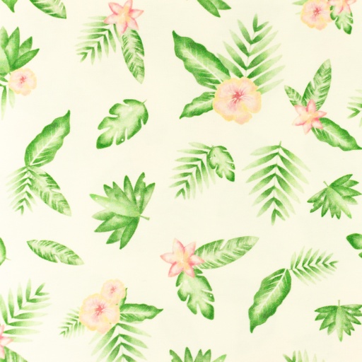 Jersey Hibiskusblüten & Palmenblätter auf Creme Digital Jersey Hibiskusblüten & Palmenblätter auf Creme Digital
