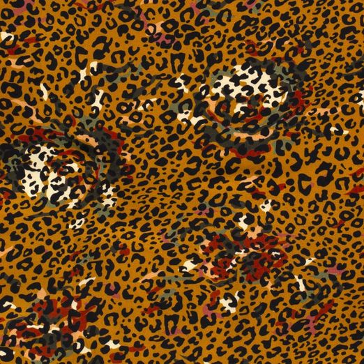 Jersey Große Blüten und Leospots auf Senfgelb Jersey Große Blüten und Leospots auf Senfgelb