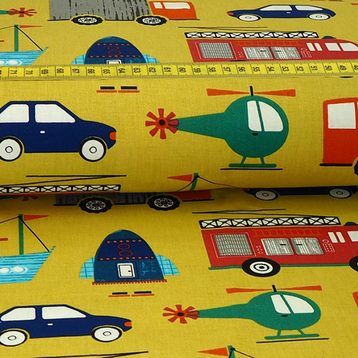 Baumwolle Verkehrsmittel auf Senfgelb Überbreite Baumwolle Verkehrsmittel auf Senfgelb Überbreite