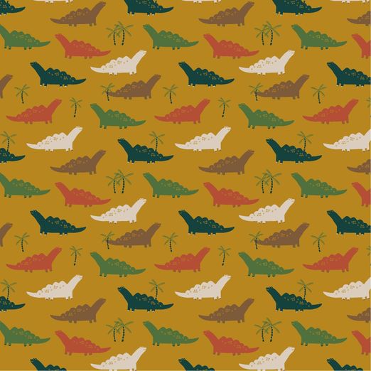 Baumwolle Bunte Dinos auf Senfgelb Baumwolle Bunte Dinos auf Senfgelb