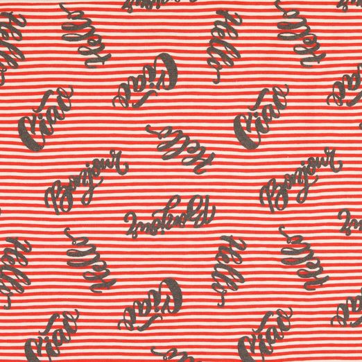 Jersey Flockdruck Schriftzüge auf Streifen Rot/Weiß Jersey Flockdruck Schriftzüge auf Streifen Rot/Weiß