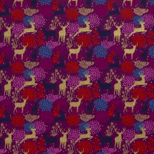 Baumwolle WEIHNACHTEN Foliendruck Hirsche und Gräser auf Fuchsia Baumwolle WEIHNACHTEN Foliendruck Hirsche und Gräser auf Fuchsia