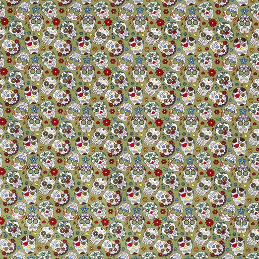 Baumwolle Coloured Skulls auf Khaki Baumwolle Coloured Skulls auf Khaki