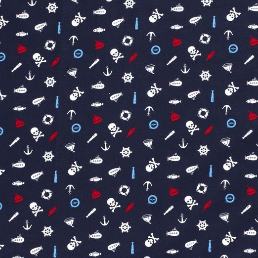 Baumwolle Kleine Maritime Symbole Hellblau, Weiß und Rot auf Dunkelblau Baumwolle Kleine Maritime Symbole Hellblau, Weiß und Rot auf Dunkelblau
