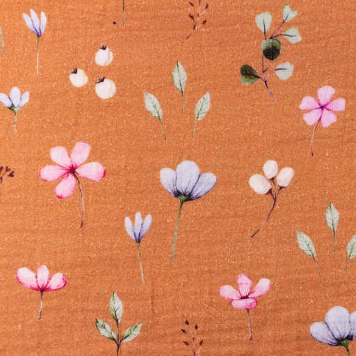 Musselin Bunte Blumen auf Blutorange Digital Musselin Bunte Blumen auf Blutorange Digital