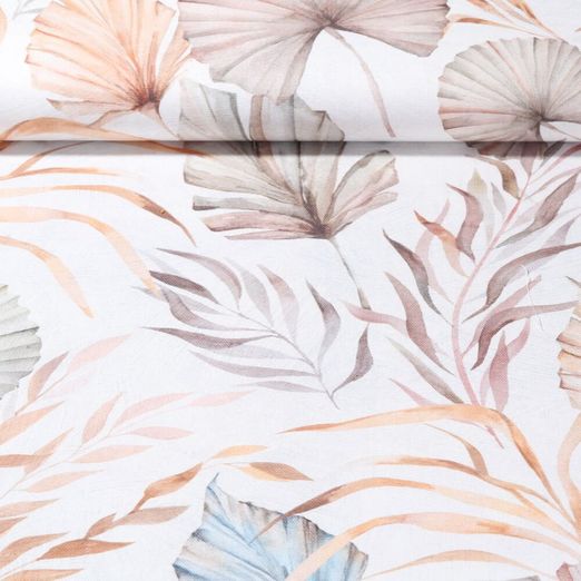 Toile de coton canevas - Impression digitale Tissu à combiner Feuilles Aspect lin Ecru