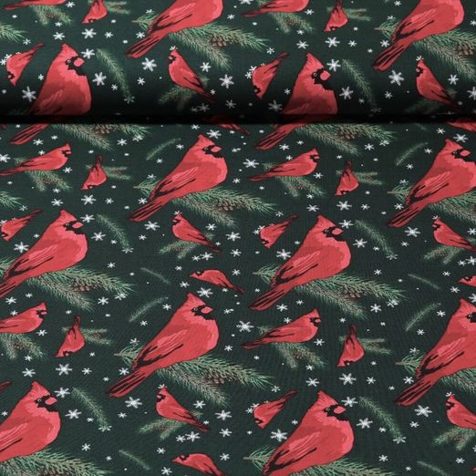 Coton - Oiseaux et flocon de neigen Vert sapin