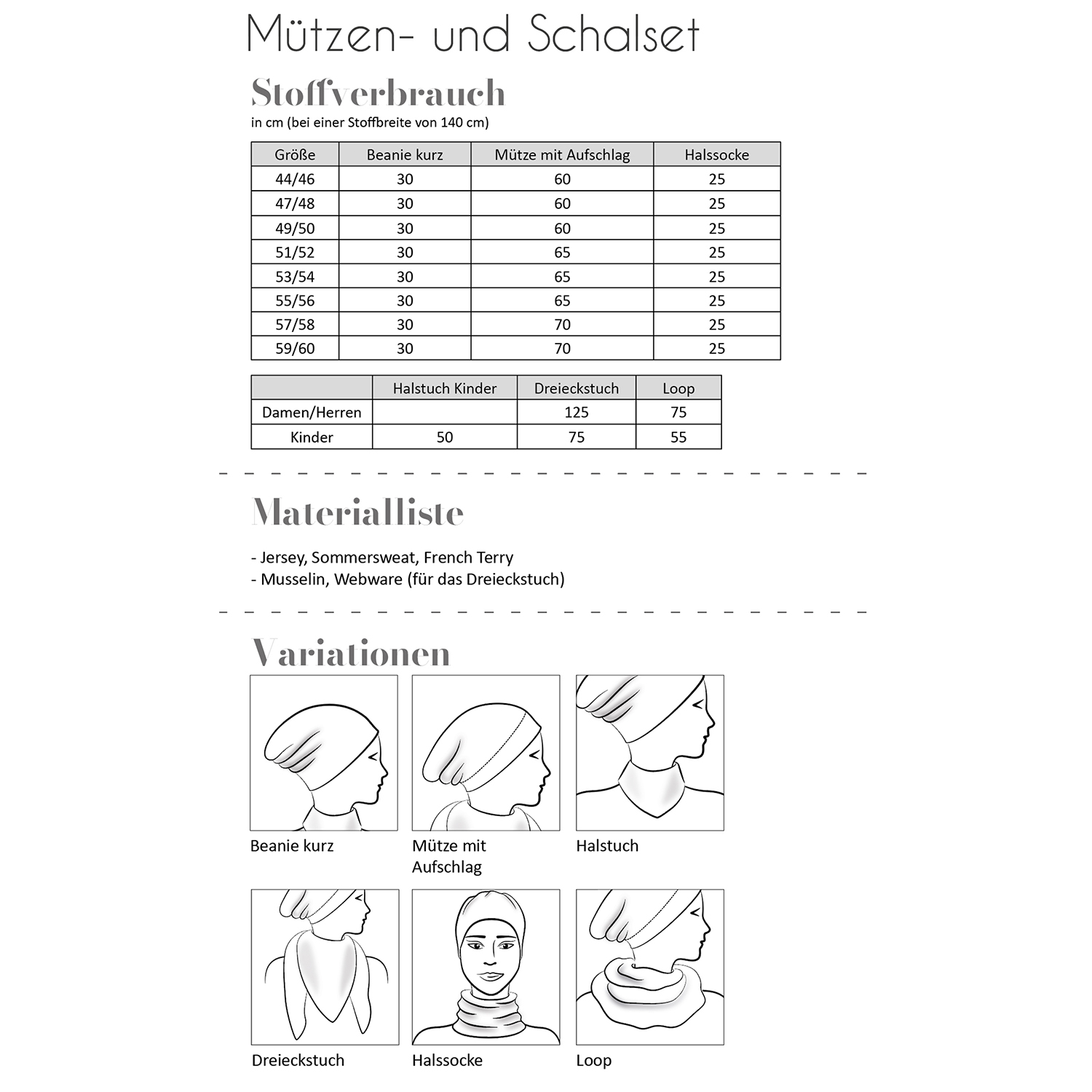 Mützen-Schal-Set - Damen/Herren/Kinder - Papierschnittmuster-1 Mützen-Schal-Set - Damen/Herren/Kinder - Papierschnittmuster-1