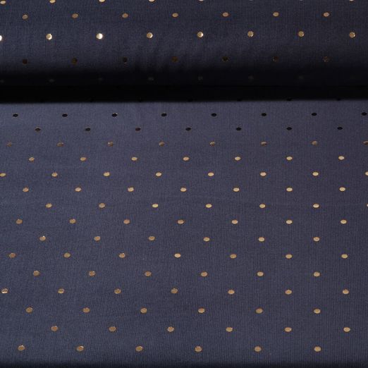 Velours côtelé Babycord / milleraies - Impression sur film Pois Doré Bleu marine foncé