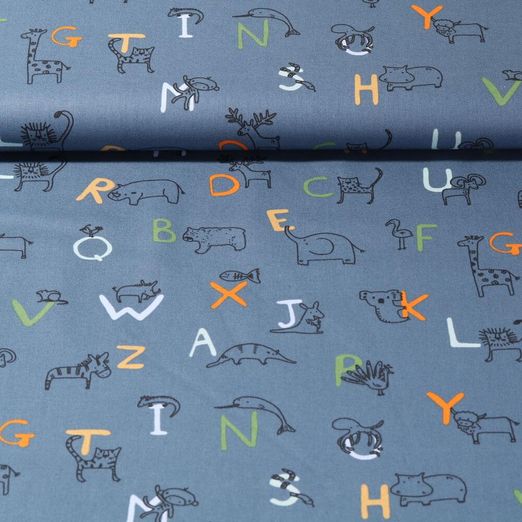 Popeline de coton bio - Alphabet animaux Bleu jeans