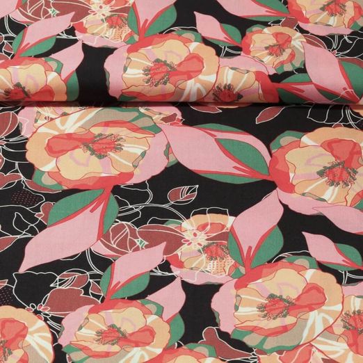 Viscose - Impression numérique Grandes fleurs Noir